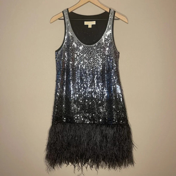 Women's S Michael Kors Sequins Flapper Feather Dress Ombre Drop Waist - Picture 2 of 6